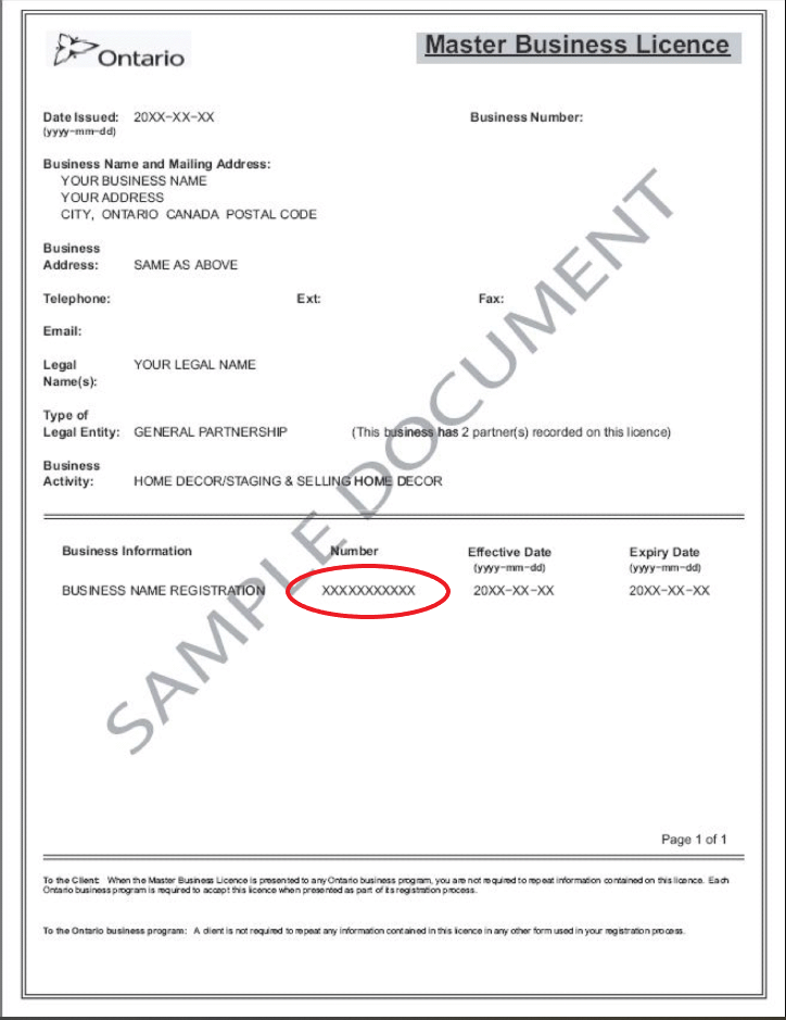 Ontario Master Business Licence showing business number